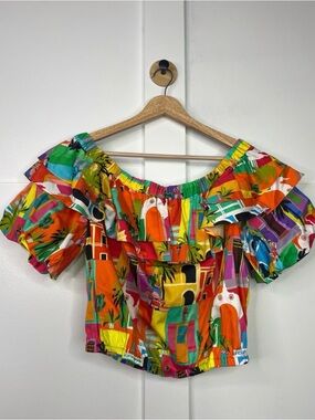 ALDEN ADAIR Sarah Top Off-Shoulder Ruffle Crop Top in Casablanca Multicolor